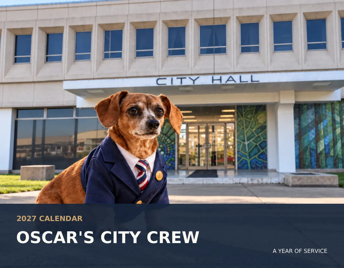 Calendar cover: Oscar, a small brown dog in a navy suit and striped tie, sits in front of City Hall.