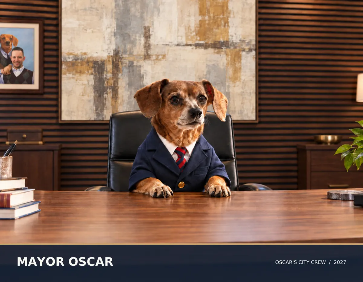 Oscar in a suit and tie.